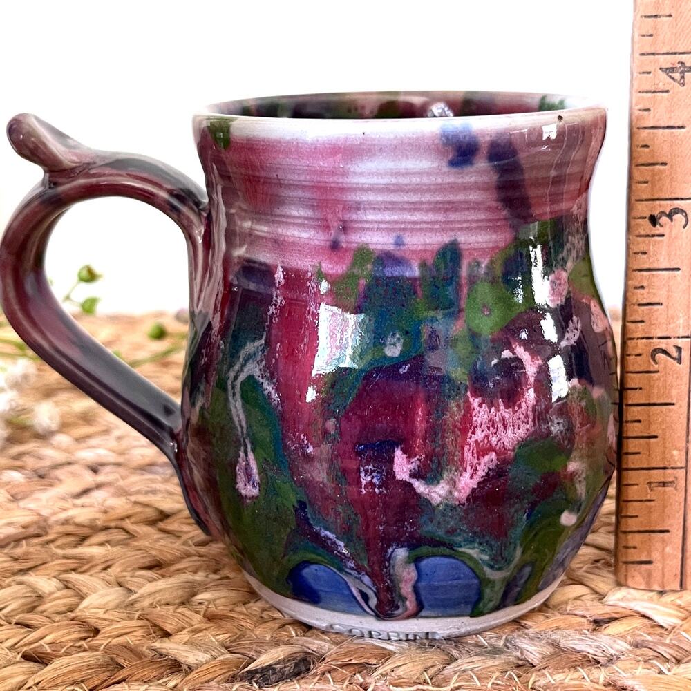 Paul Corbin Studio Potter Mug Thumb Rest Handle Colorful Abstract Drip Glaze - Picture 9 of 9
